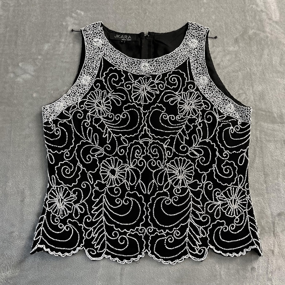 JKara Tank Top Womens Large Black Beaded Floral Sleeveless Party Lined 80s‎ 90s